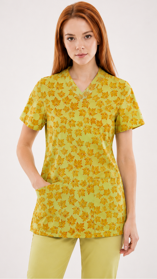 Autumn Maple Leaves Print Scrub Top Print
