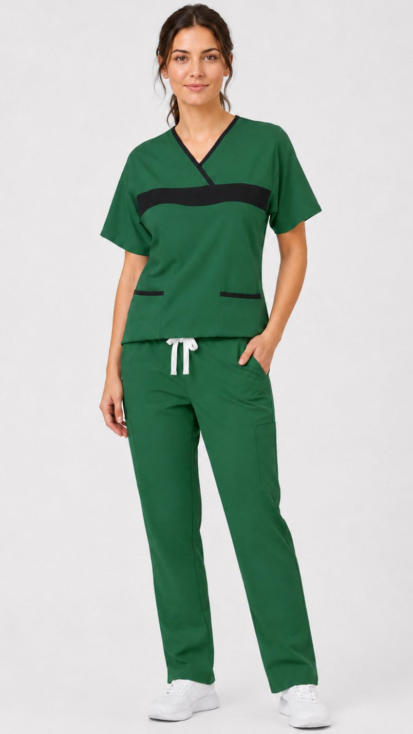 Women’s hunter green contrast trim scrub set with black trim