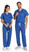 Unisex 2 pocket scrub set with V-neck top and drawstring scrub pants