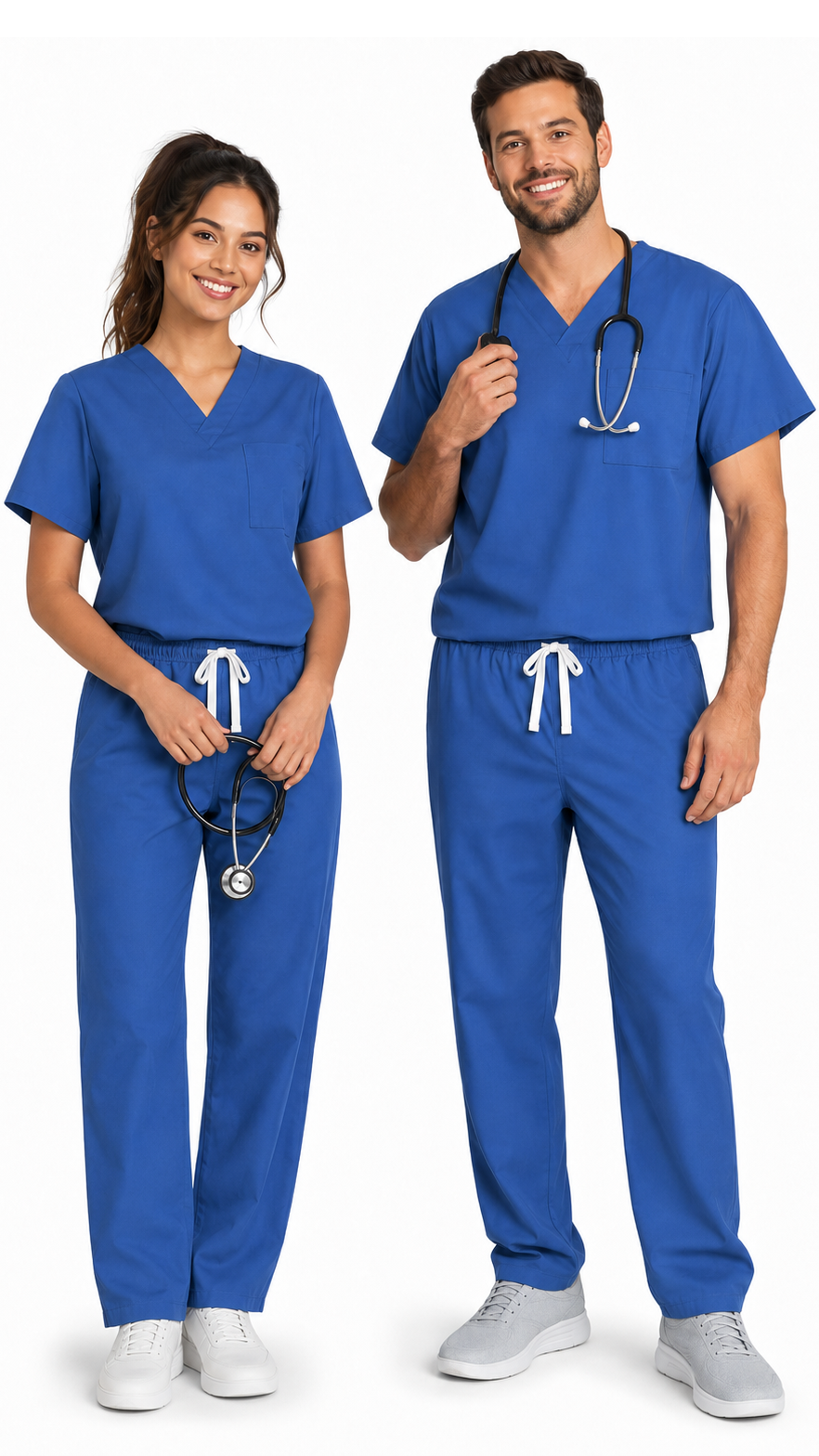 Unisex 2 pocket scrub set with V-neck top and drawstring scrub pants