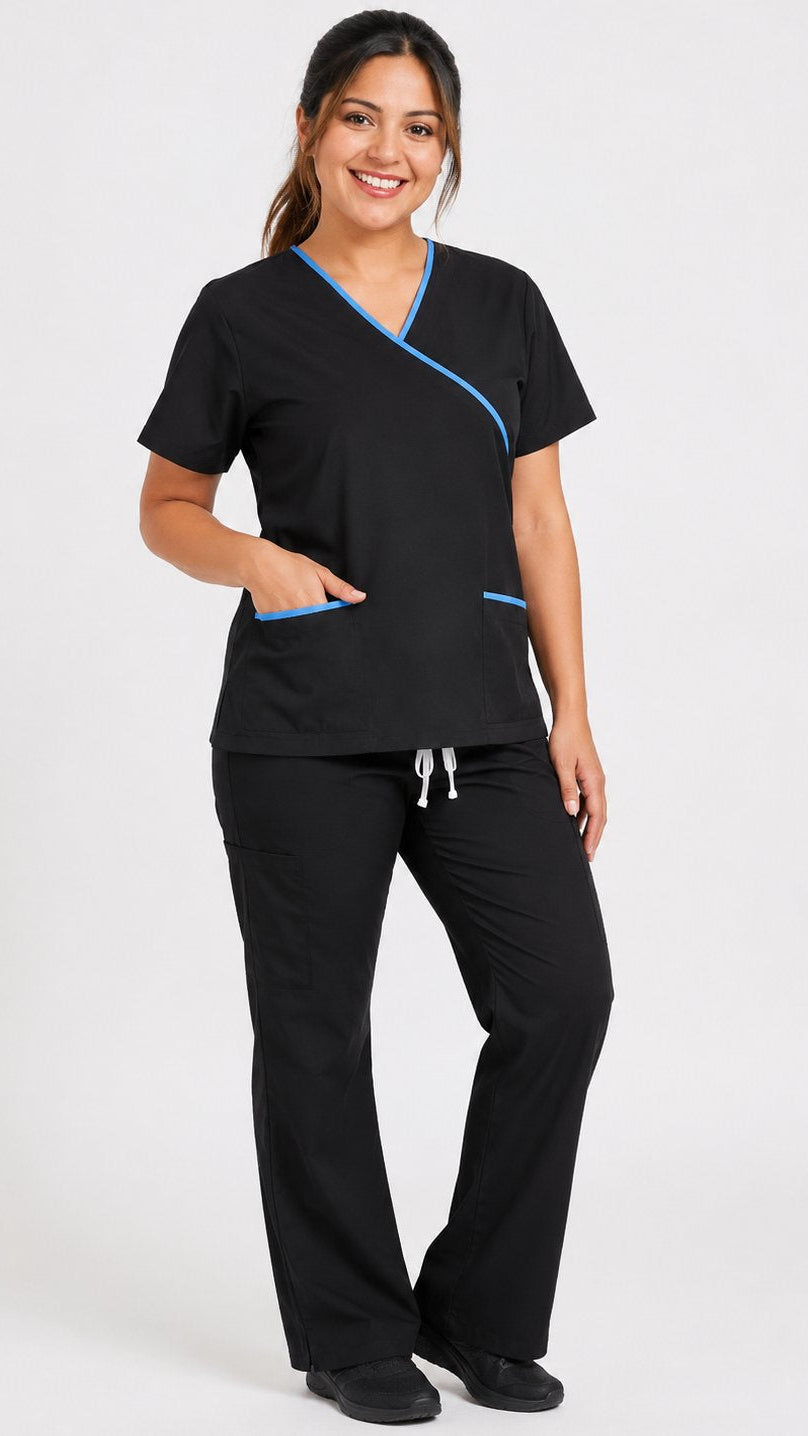 Women’s mock wrap scrub set with matching bootcut pants