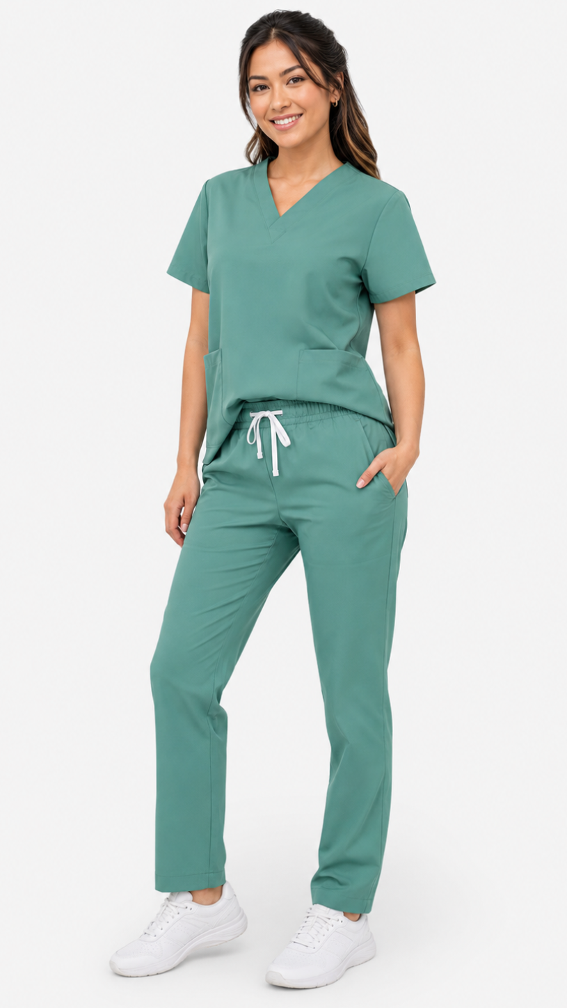 Women’s 3 pocket scrub set with V-neck top and drawstring scrub pants