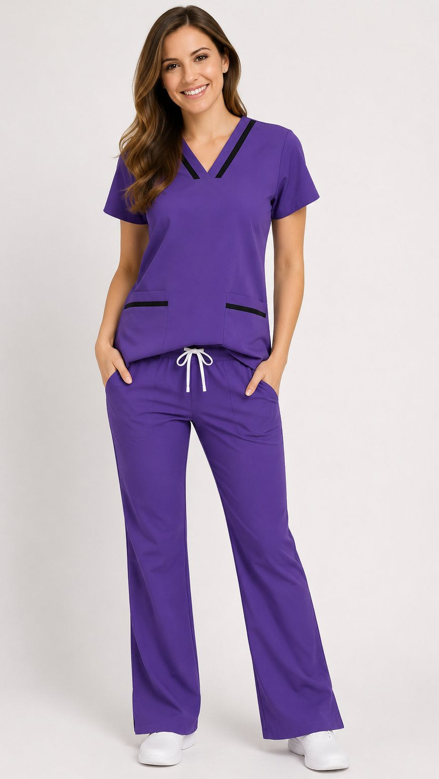 Women’s V-neck contrast scrub set with matching bootcut pants