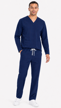 Unisex long sleeve 4 pocket scrub set with V-neck top and elastic waist pants