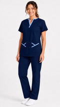 Women’s navy Y-neck contrast trim scrub set with ceil blue trim