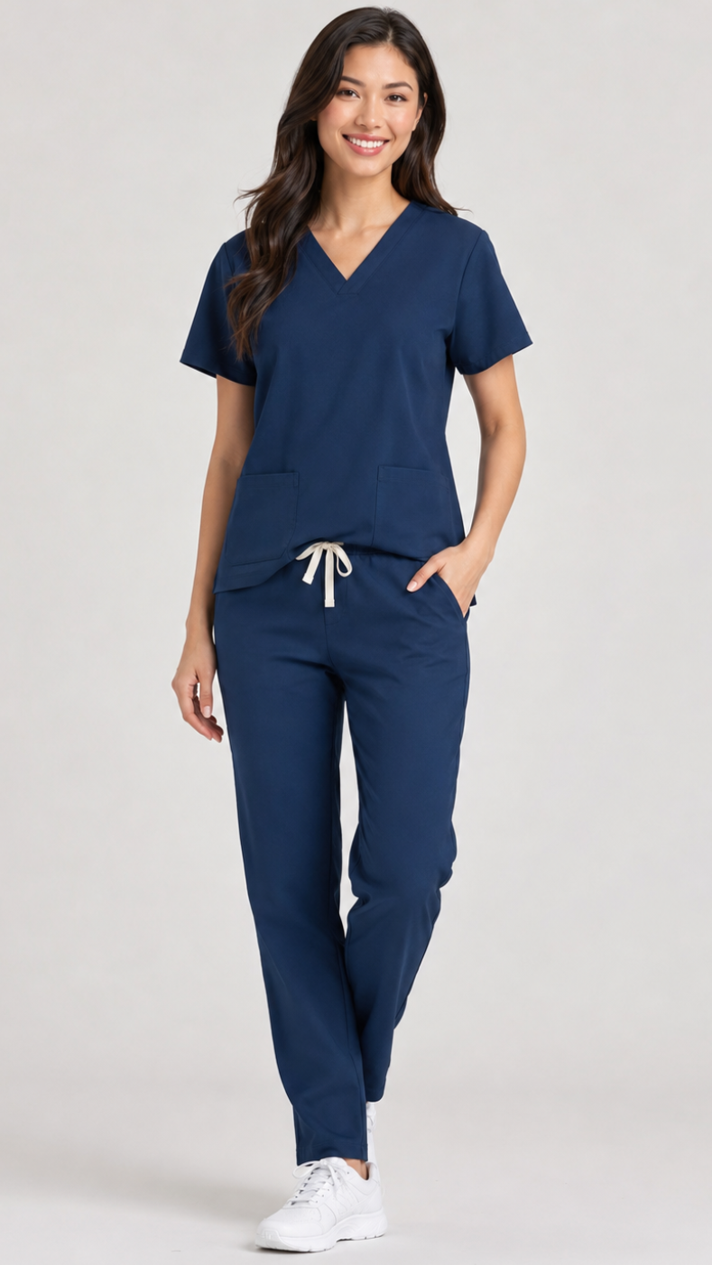 Unisex 5 pocket scrub set with V-neck top and elastic waist pants