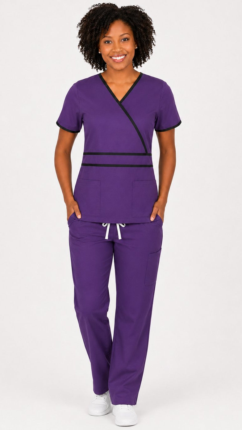 Women’s crossover double piping scrub set with matching scrub pants