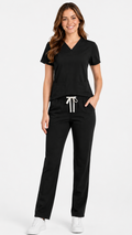 Unisex 4 pocket microfiber scrub set with V-neck top and elastic waist pants