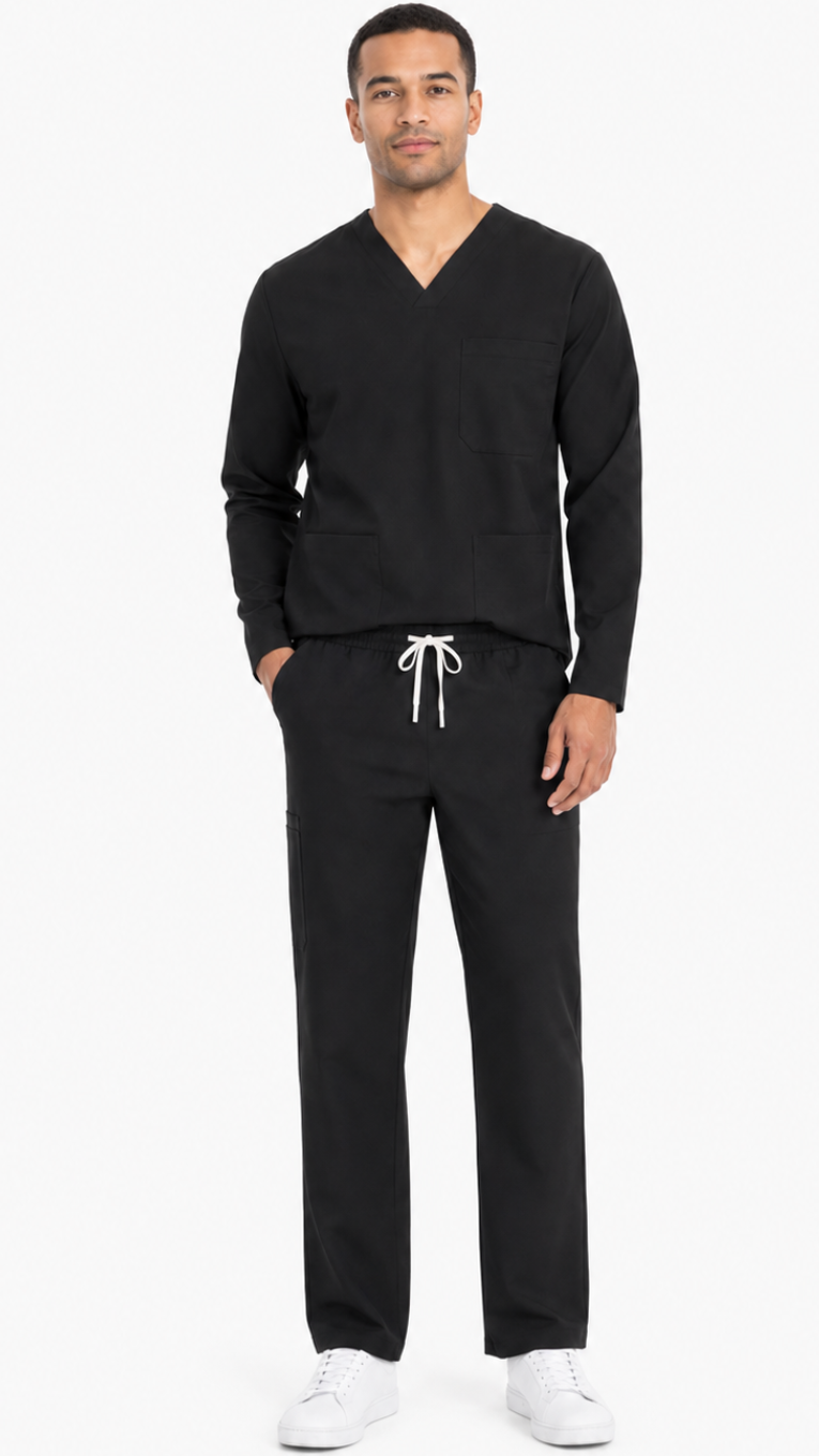 Unisex long sleeve 6 pocket scrub set with V-neck top and elastic waist pants