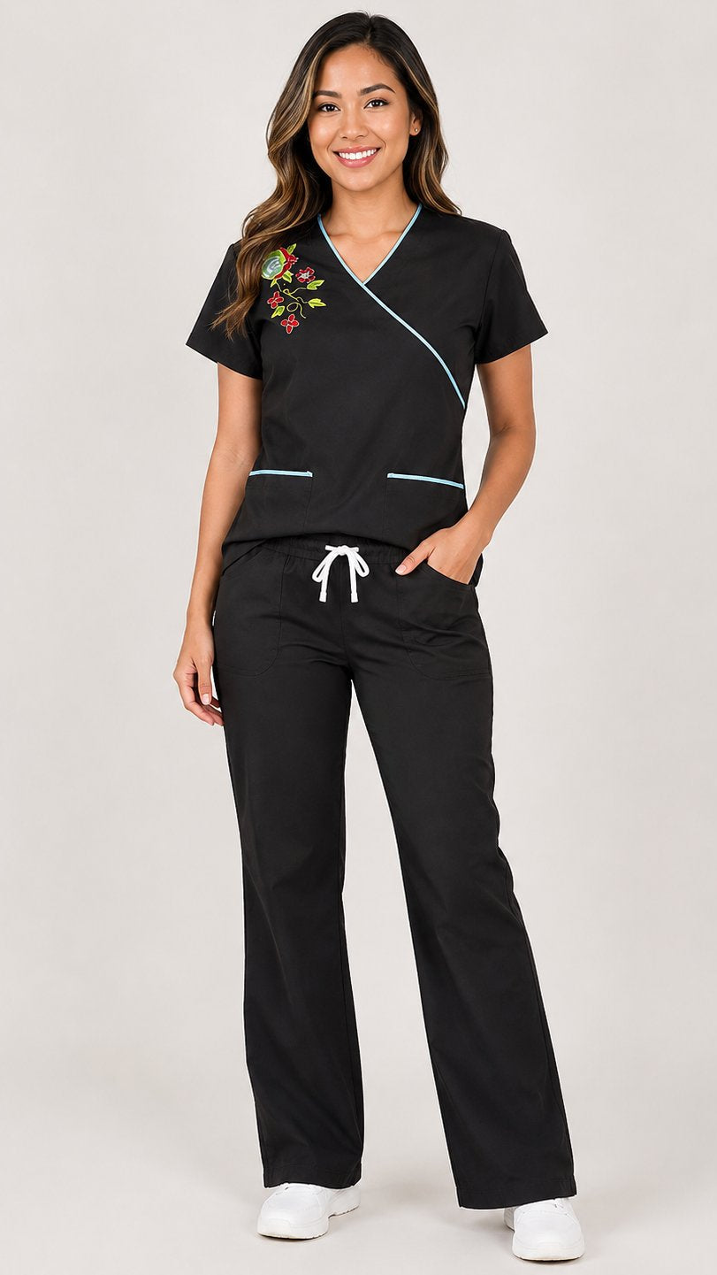 Women’s embroidered mock wrap scrub set with bootcut pants