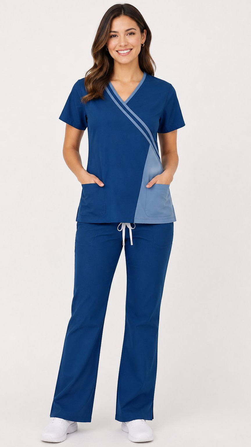 Women’s navy crossover piping scrub set with bootcut pants and ceil blue trim
