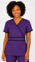 Women’s crossover double piping scrub top with two front patch pockets