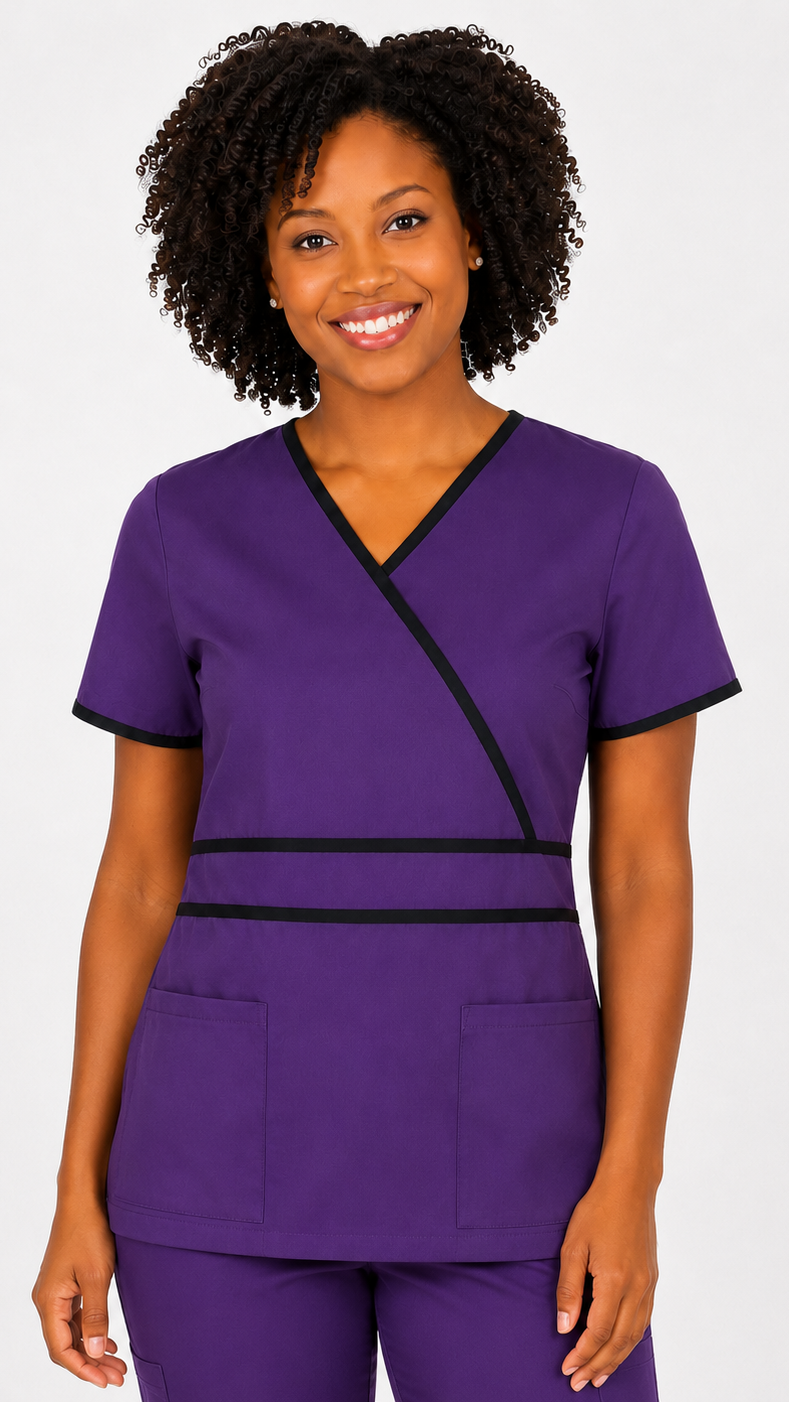 Women’s crossover double piping scrub top with two front patch pockets