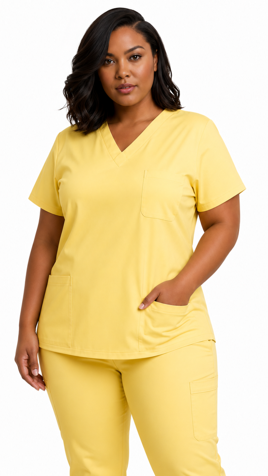 Unisex V-neck 3 pocket scrub top with two front patch pockets and one chest pocket