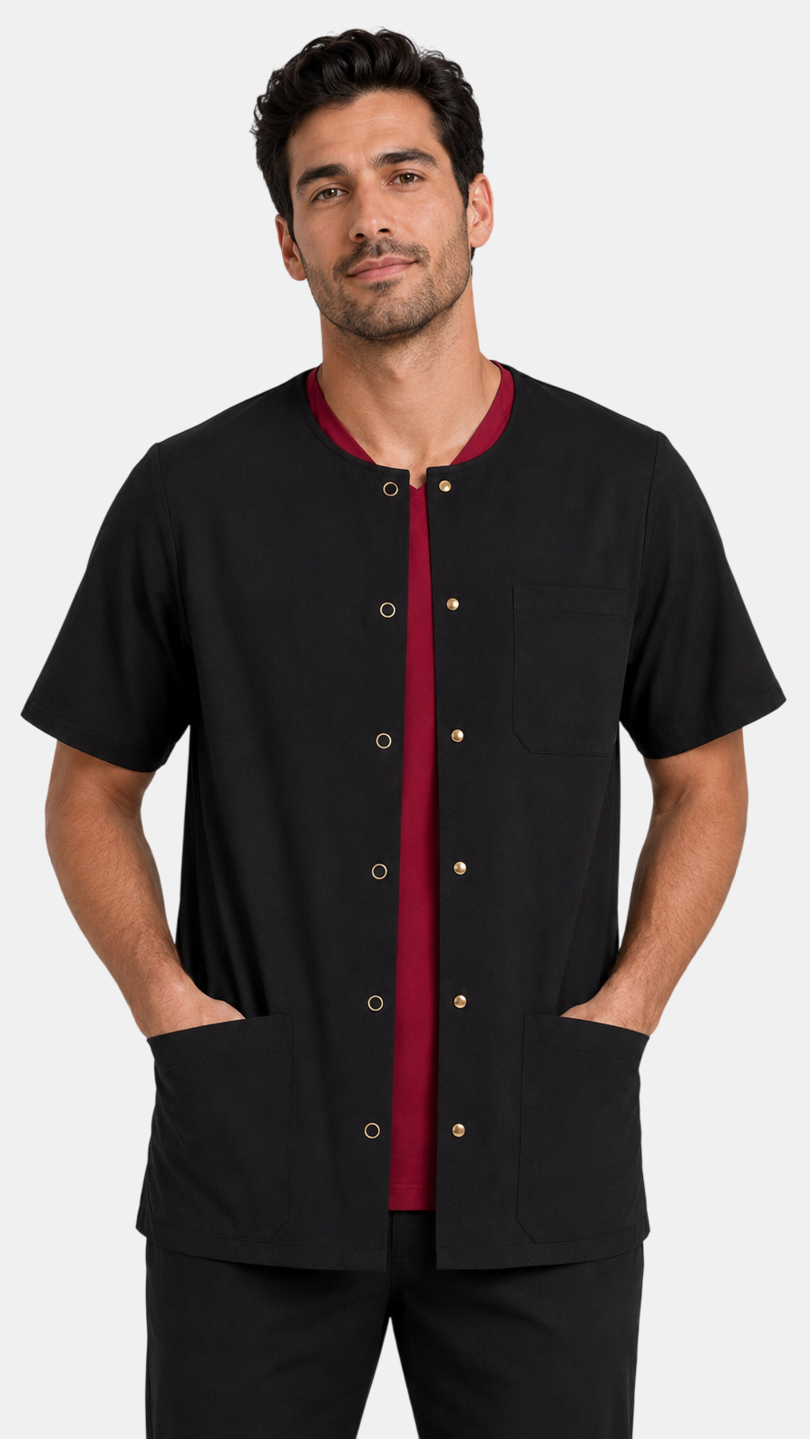 Unisex short sleeve scrub jacket with front snap buttons