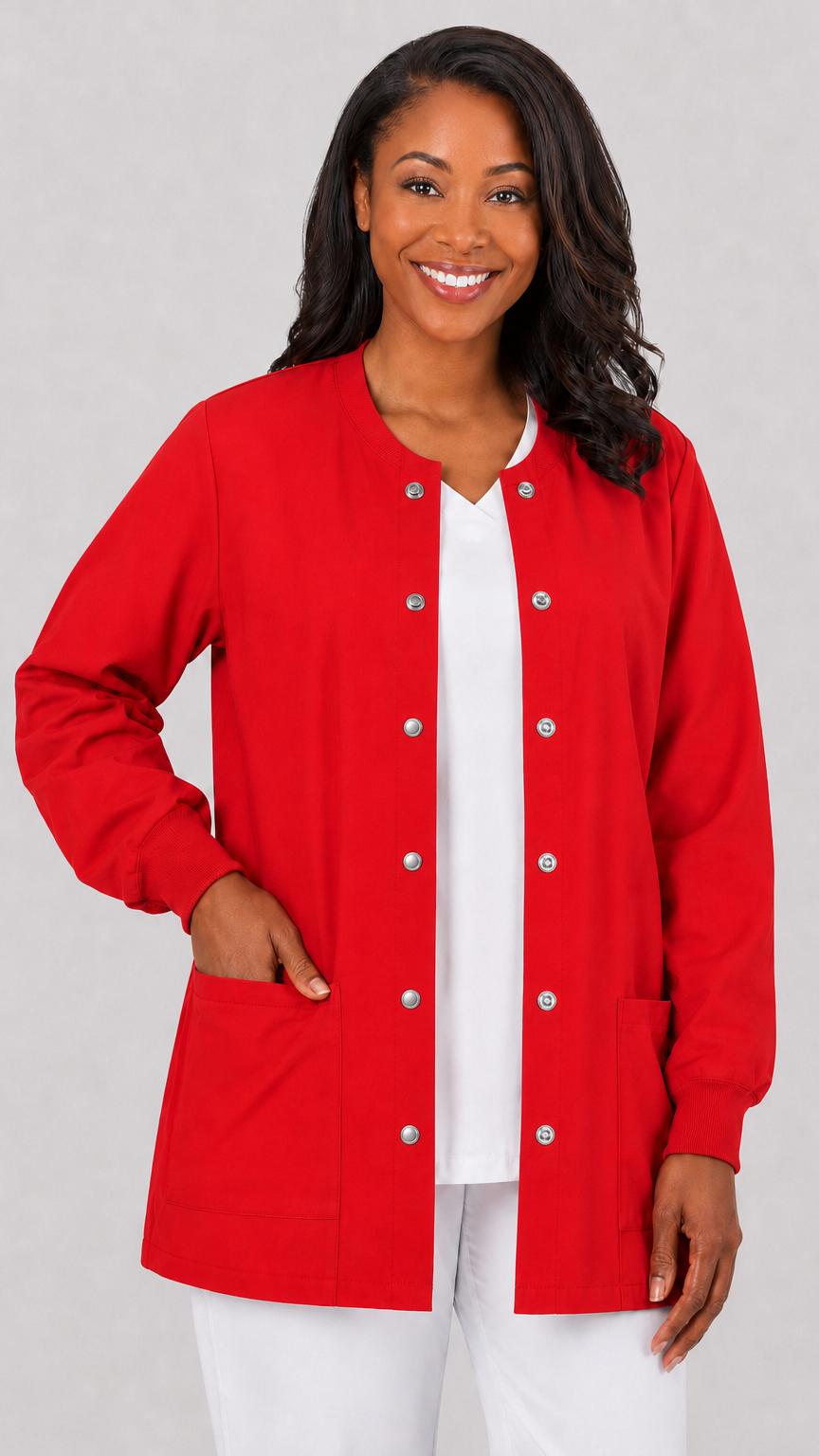 Unisex long sleeve warm-up scrub jacket with front snap buttons