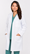 Women’s white pleated twill lab coat with plastic buttons and back belt