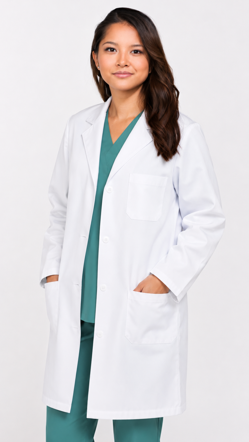 Women’s white pleated twill lab coat with plastic buttons and back belt