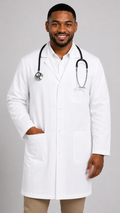 White unisex twill lab coat with plastic buttons