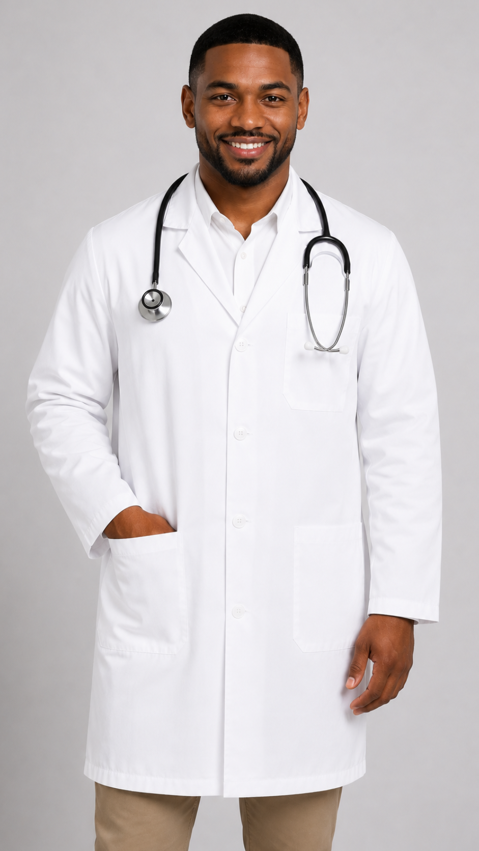 White unisex twill lab coat with plastic buttons