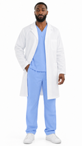 White unisex 40 inch antimicrobial lab coat with five-button front, four pockets, and adjustable back belt