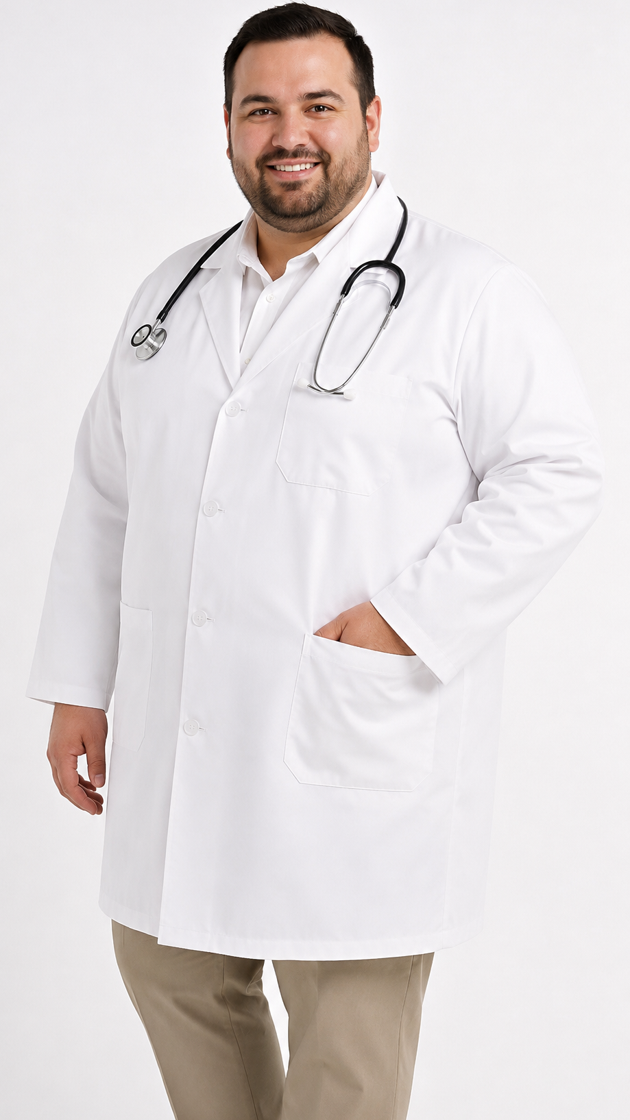 Plus size unisex white 3 pocket lab coat with plastic buttons