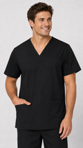 Unisex spandex stretch scrub top with two front patch pockets