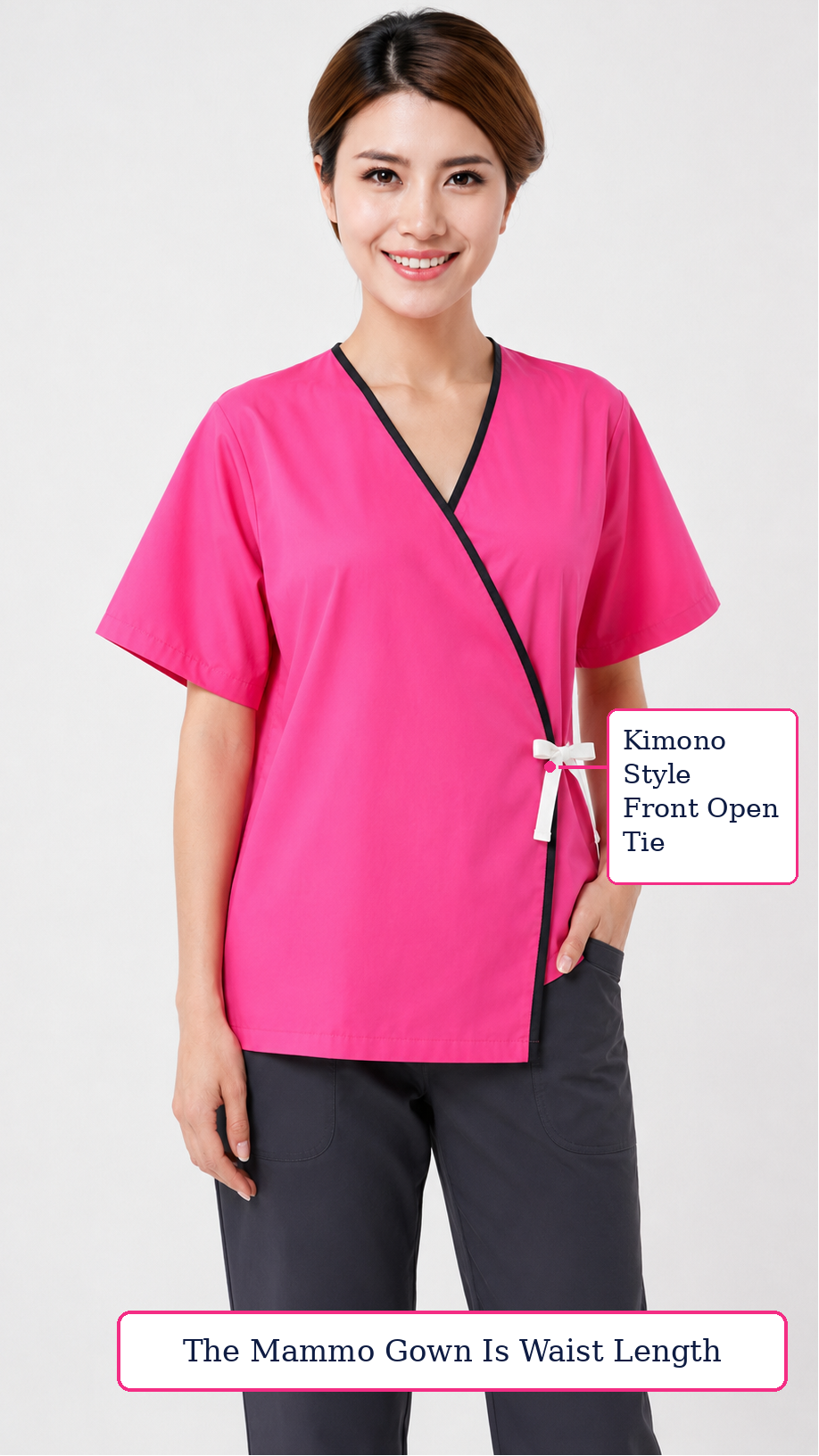 Front open cloth mammography exam gown with kimono-style closure text image