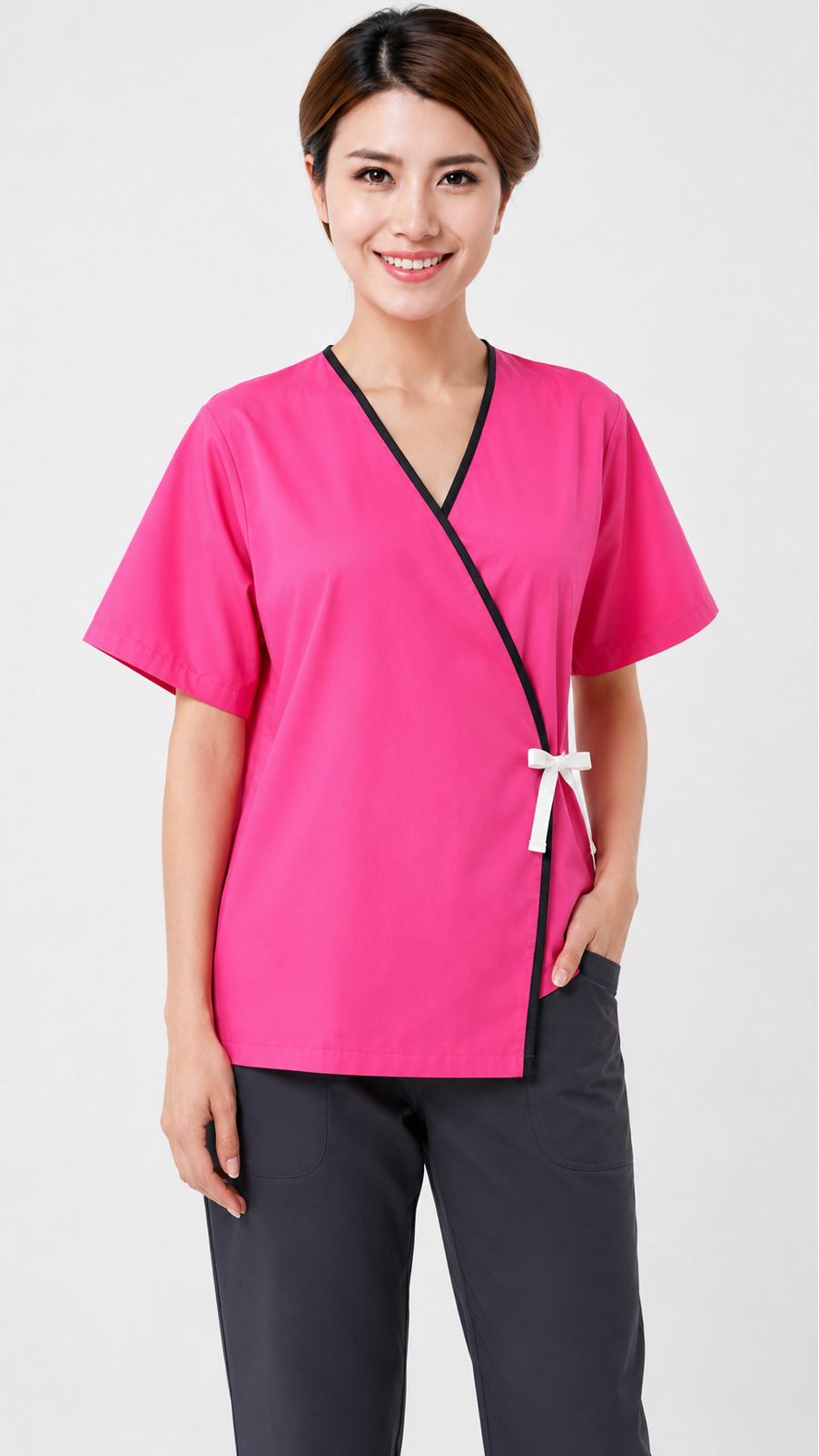 Front open cloth mammography exam gown with kimono-style closure
