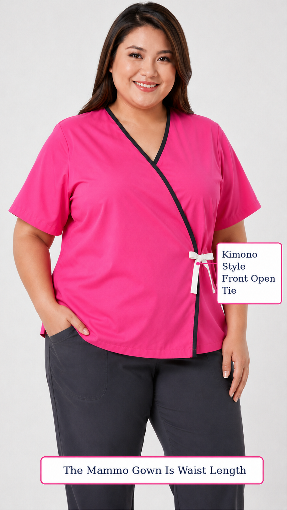 Plus size front open cloth mammography exam gown with kimono-style closure text image