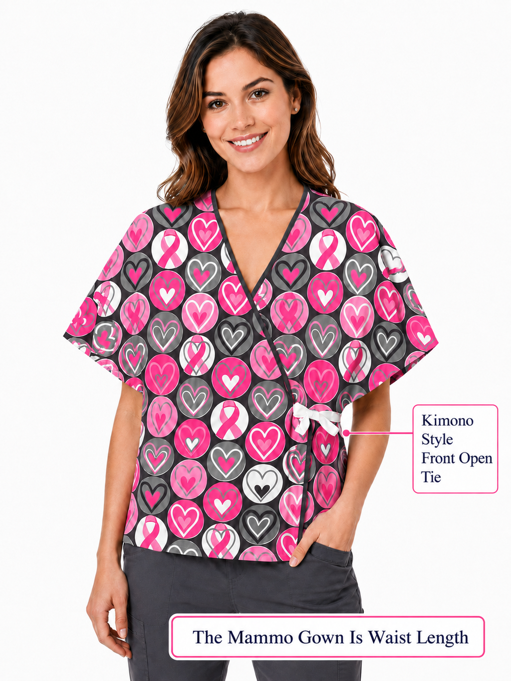 Pink ribbons cloth print mammography exam gown with kimono-style closure info