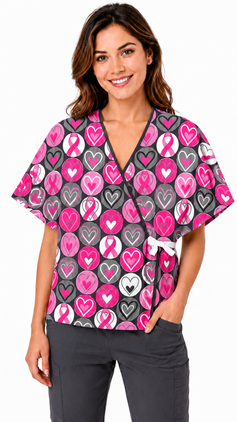 Pink ribbons cloth print mammography exam gown with kimono-style closure