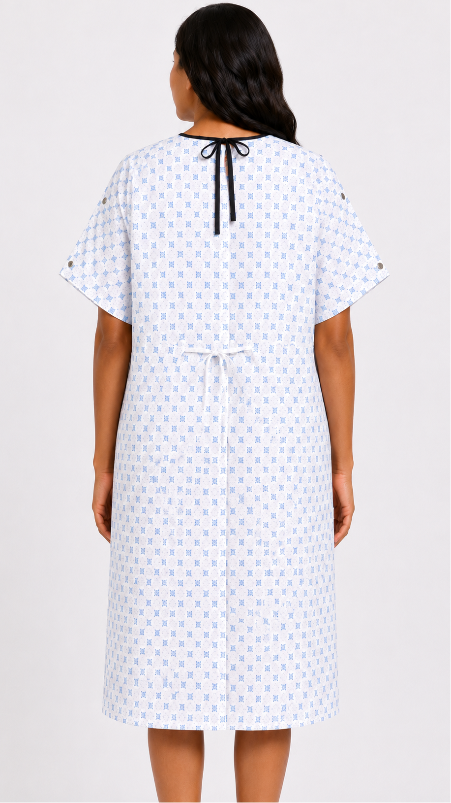 IV patient exam gown with shoulder and sleeve snap buttons back view