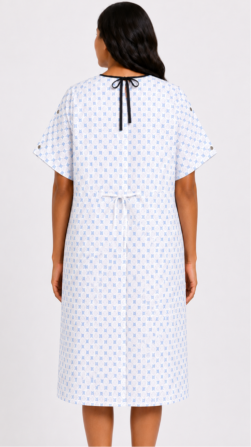 IV patient exam gown with shoulder and sleeve snap buttons back view