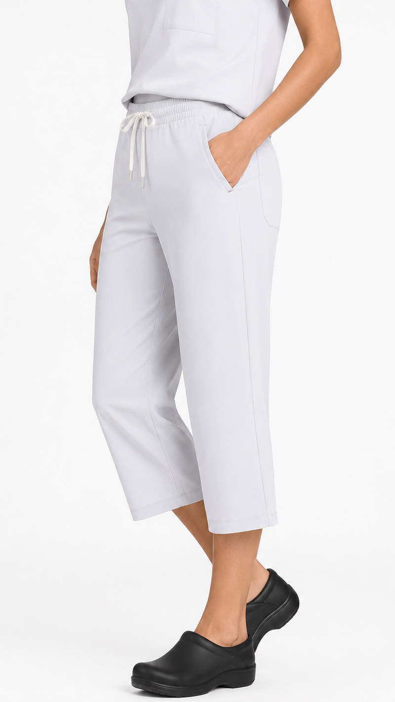 Women’s 3 pocket capri scrub pants with elastic waist and drawstring