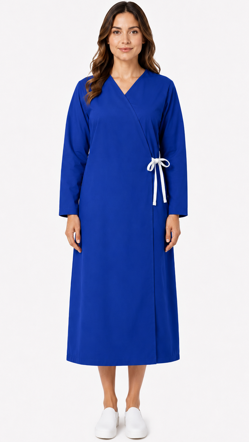 Long sleeve cloth patient exam gown with front tie closure