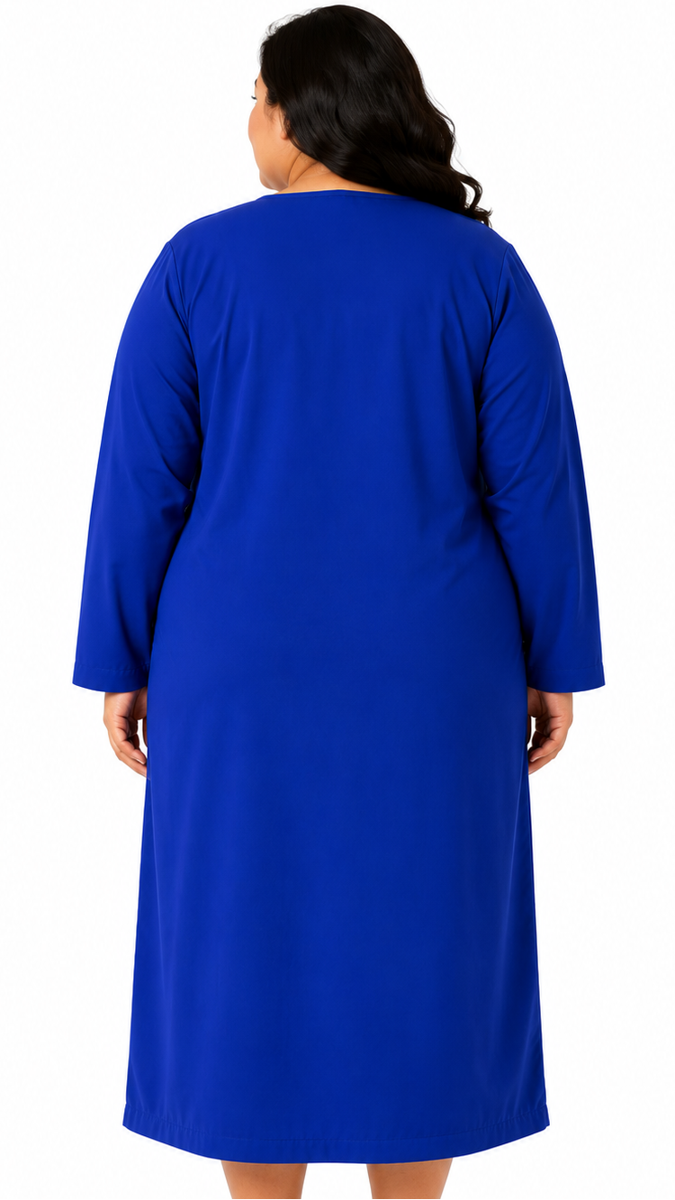 Plus size long sleeve cloth patient exam gown with front tie closure back view