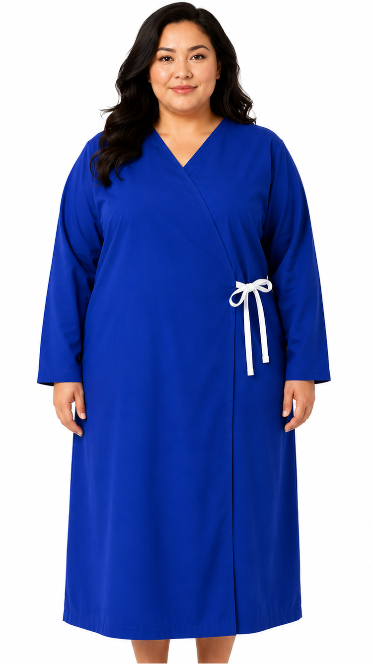Plus size long sleeve cloth patient exam gown with front tie closure