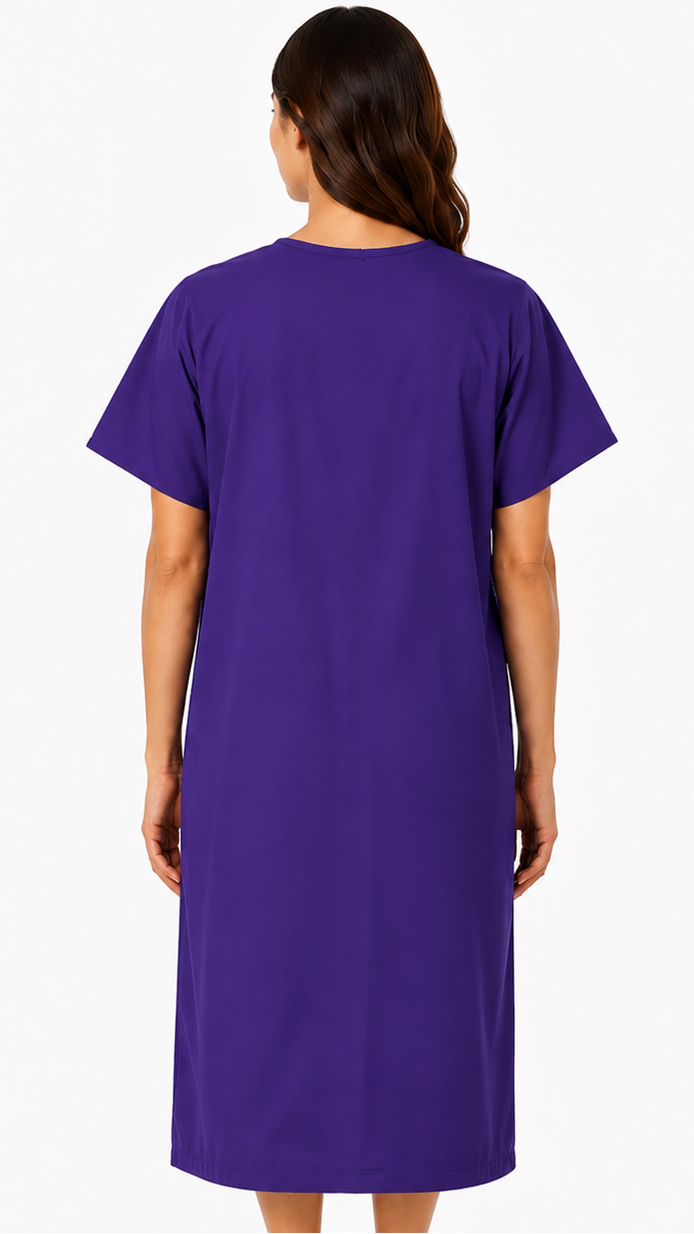 Short sleeve cloth patient exam gown with front opening tie closure back