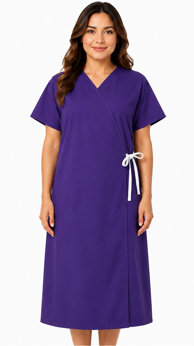 Short sleeve cloth patient exam gown with front opening tie closure