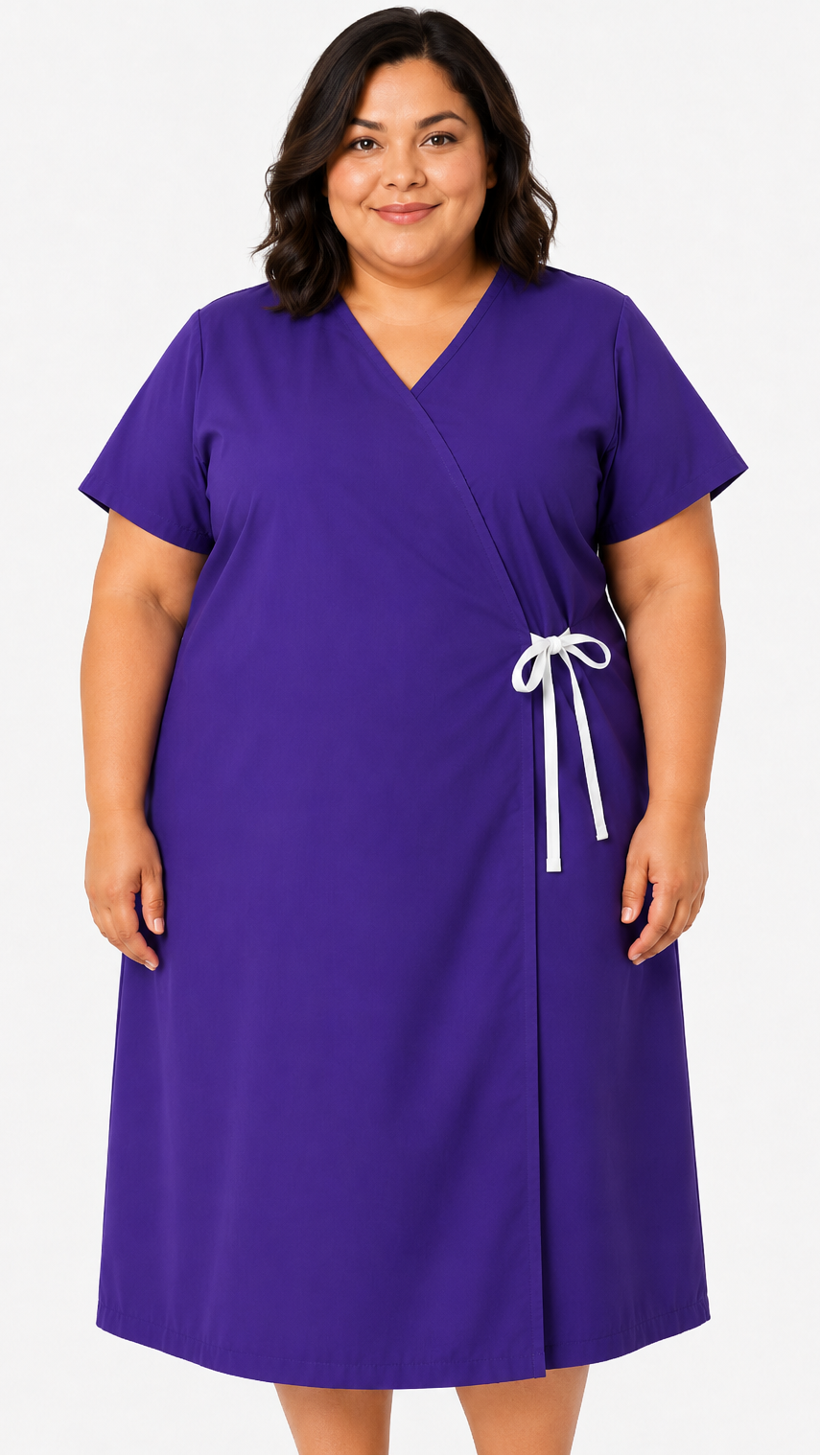 Plus size short sleeve cloth patient exam gown with front opening tie closure