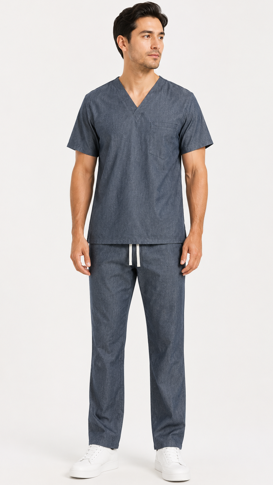 Denim unisex 2 pocket scrub set with V-neck top and drawstring pants