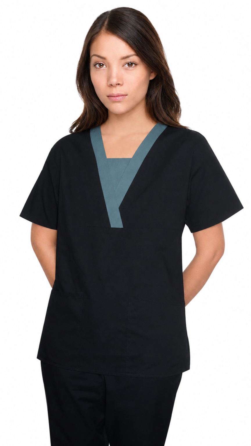 Women’s V-neck cami insert scrub top with two front patch pockets