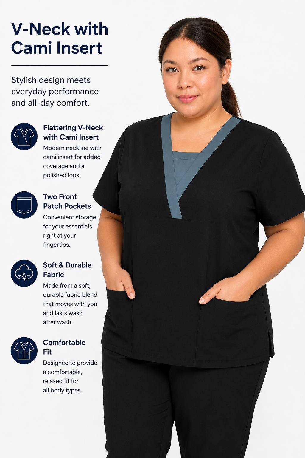 Plus size V-neck cami insert scrub top in navy blue with ceil blue trim info
