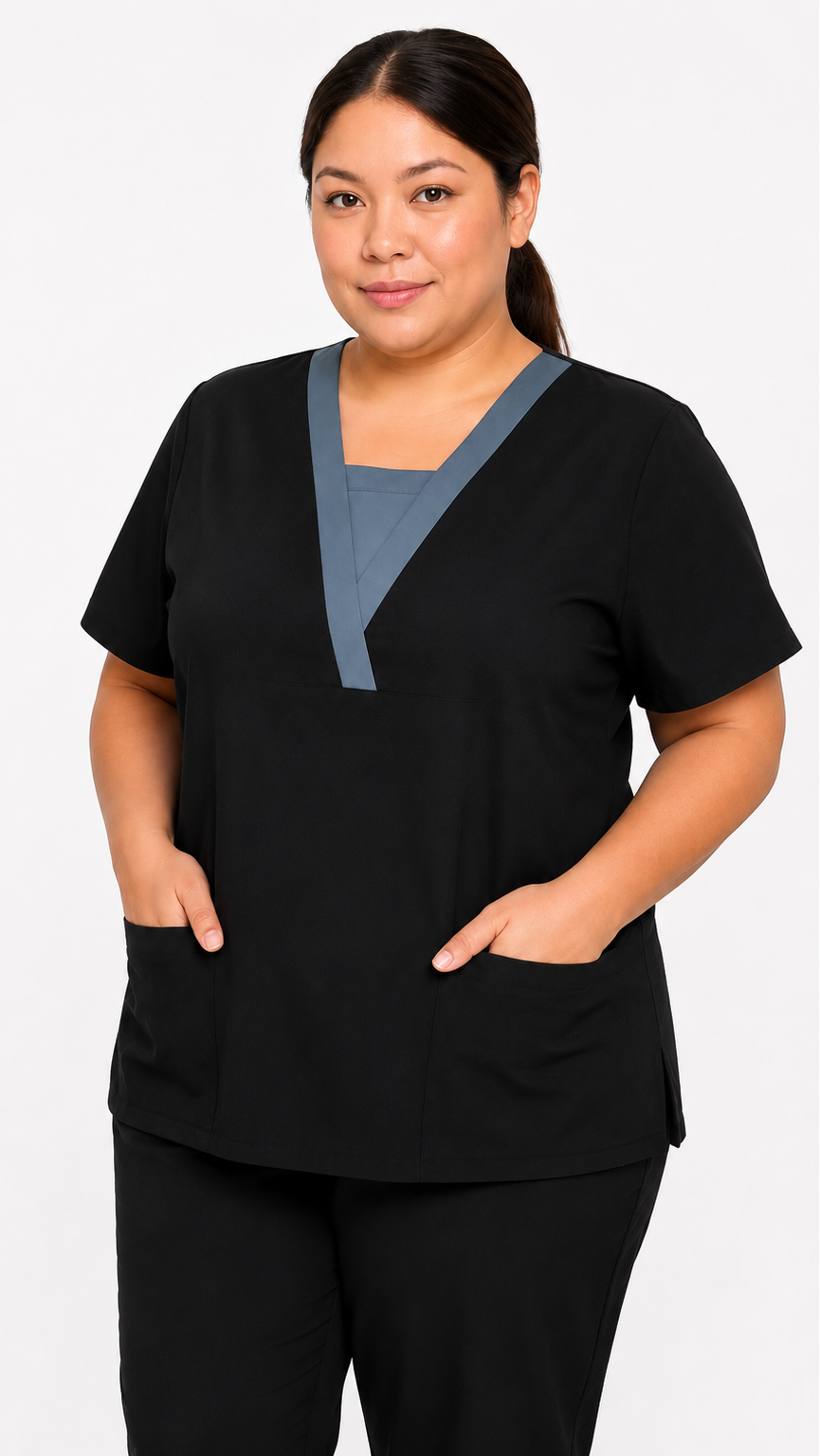 Plus size V-neck cami insert scrub top in navy blue with ceil blue trim