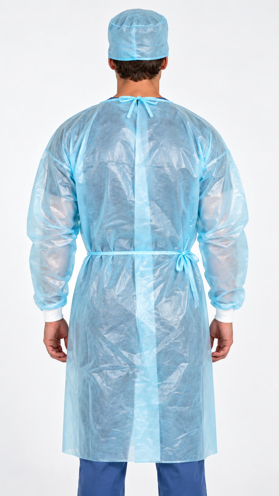 Blue disposable isolation gown with woven cuffs made from 40 GSM polypropylene with polyethylene covering back view