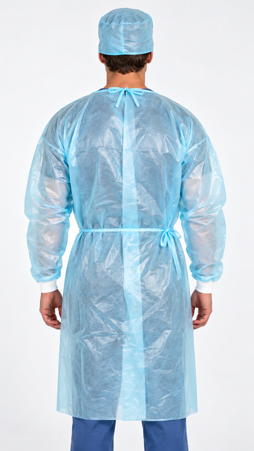 Blue disposable isolation gown with woven cuffs made from 40 GSM polypropylene with polyethylene covering back view