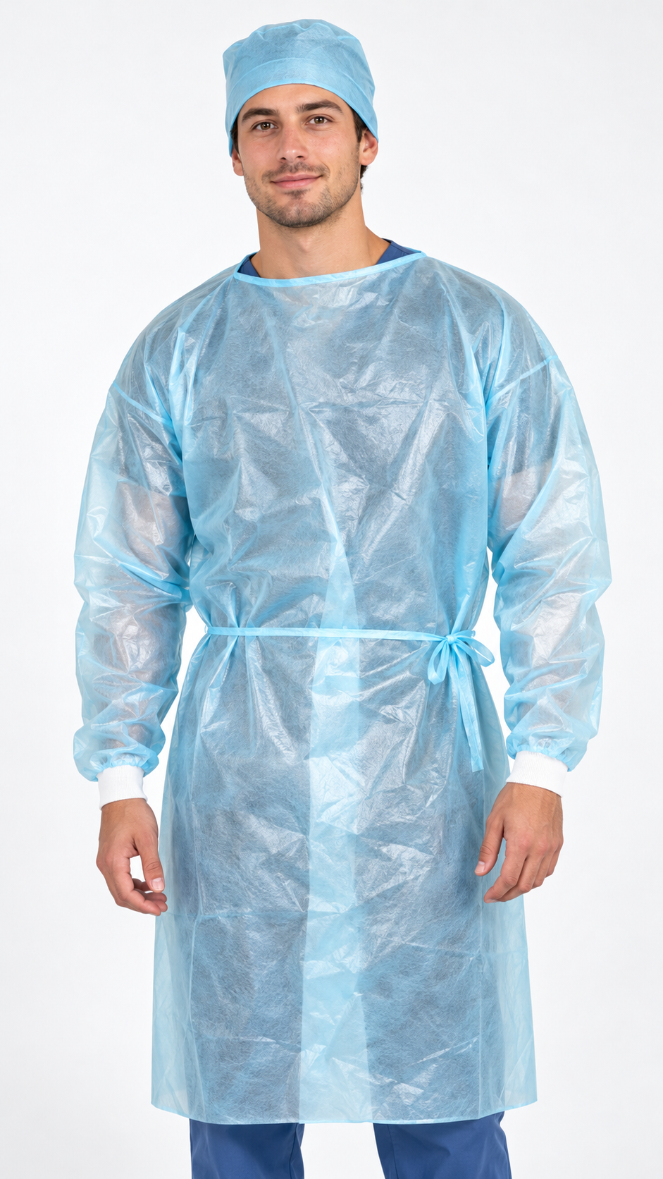 Blue disposable isolation gown with woven cuffs made from 40 GSM polypropylene with polyethylene covering front view