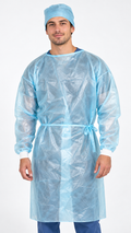 Blue disposable isolation gown with woven cuffs made from 40 GSM polypropylene with polyethylene covering front view