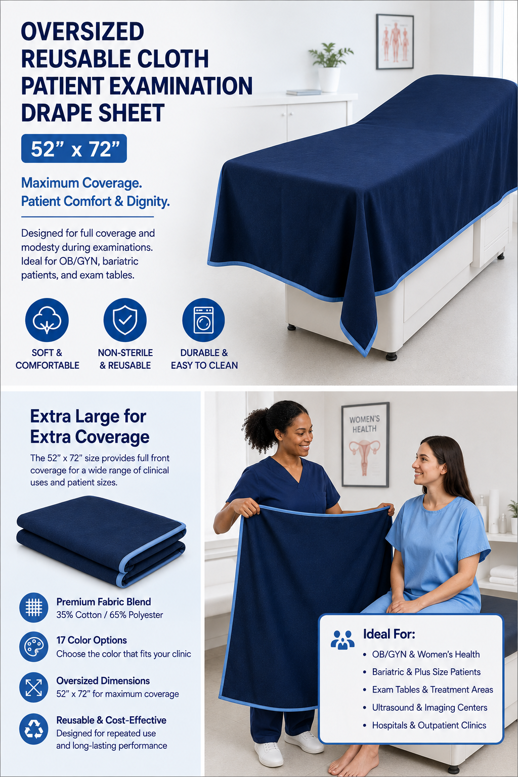 Oversized reusable cloth patient exam drape sheet 52 x 72 inches